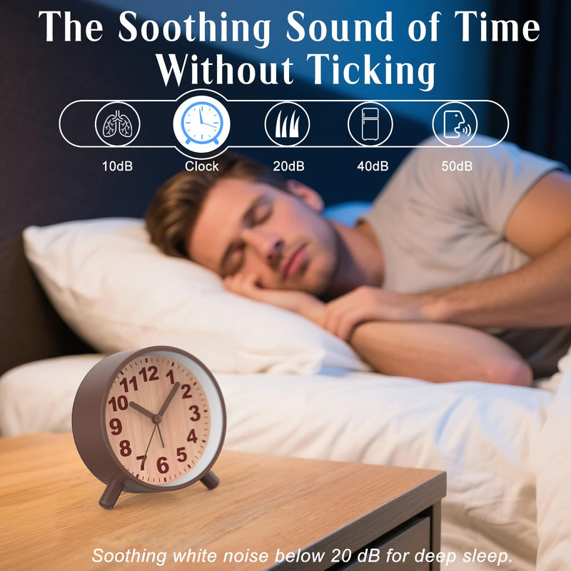 Retro Analog Alarm Clock with Night Light, Battery Operated, Easy to Set - Ascending Alarm, Snooze, Simple Round Metal Design for Bedroom, Desk, Bedside, Travel, Kids, Adults, Heavy Sleepers Brown