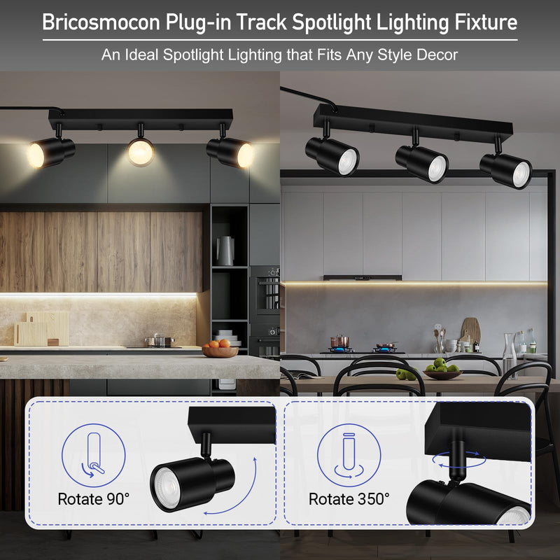 Plug-in Track Lighting LED, Track Light Fixtures Ceiling, Black 3-Light Track Lights for Kitchen, 3 Way Ceiling Spotlight, Rotatable Wall Mount Light Head for Bedroom Hallway, Bulb Not Included 3-Light Track Lighting(Black)