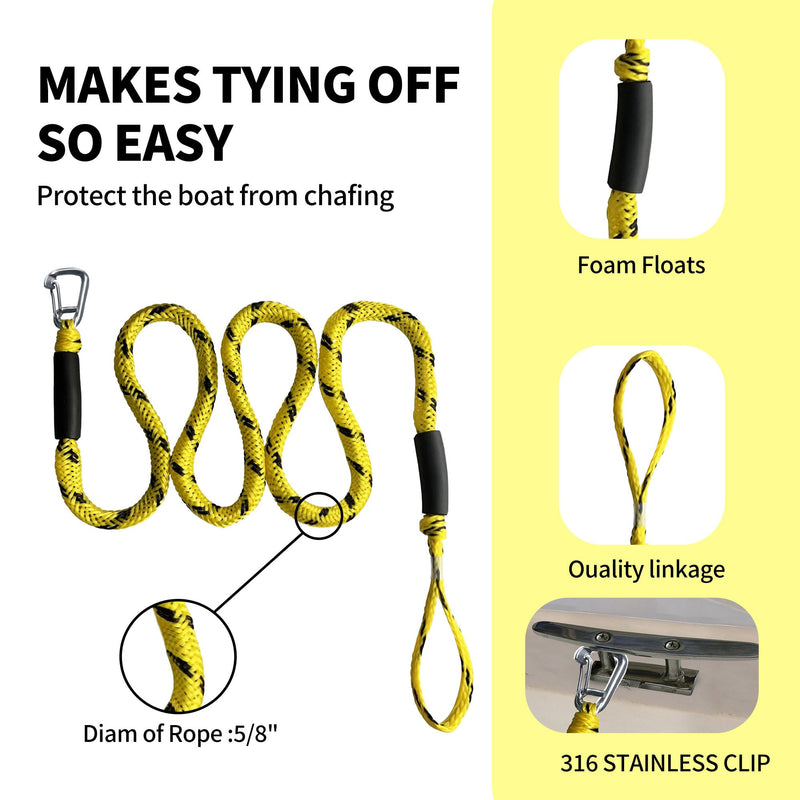 7-11FT Boat Bungee Dock Lines with 316 Stainless Steel Clips – Stretchable Elastic Mooring Ropes for Pontoon Boat,Seadoo,Bass Boat,Kayak,Watercraft,Fishing Boat,2Pac (Yellow) YELLOW