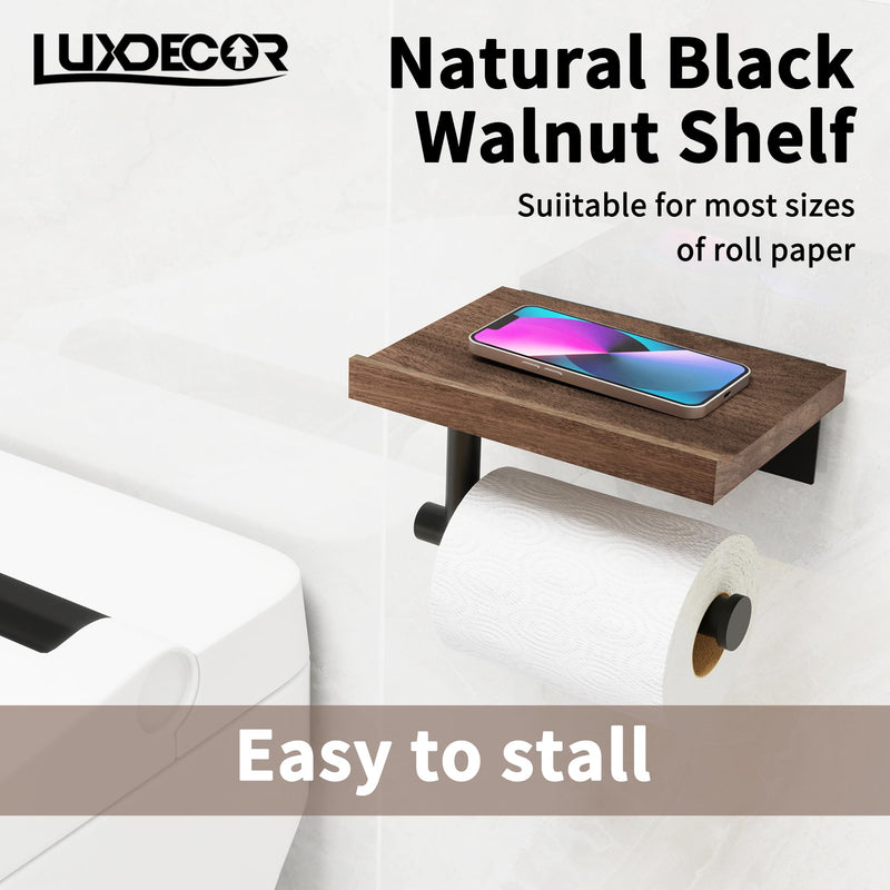 Wood Toilet Paper Holder with Wood Shelf, Wall Mount Tissue Paper Roll Holder, (Walnut) Walnut Wood & Matte Black