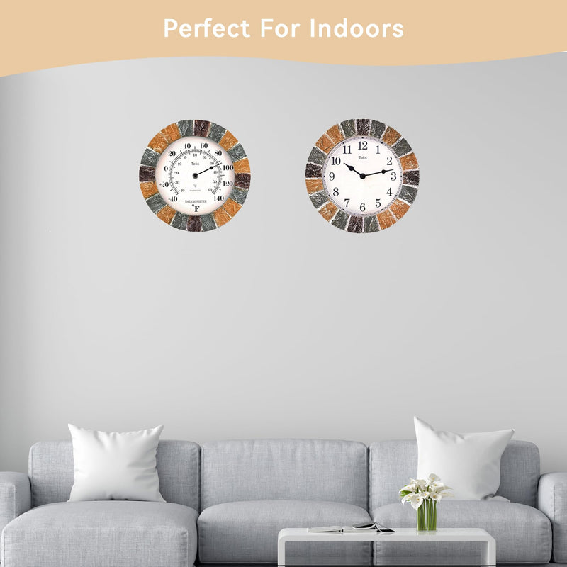Lily's Home Indoor or Outdoor Large Hanging Wall Clock and Thermometer Set. Made of Durable Polyresin Plastic. 10" Inch Diameter. (Stone)