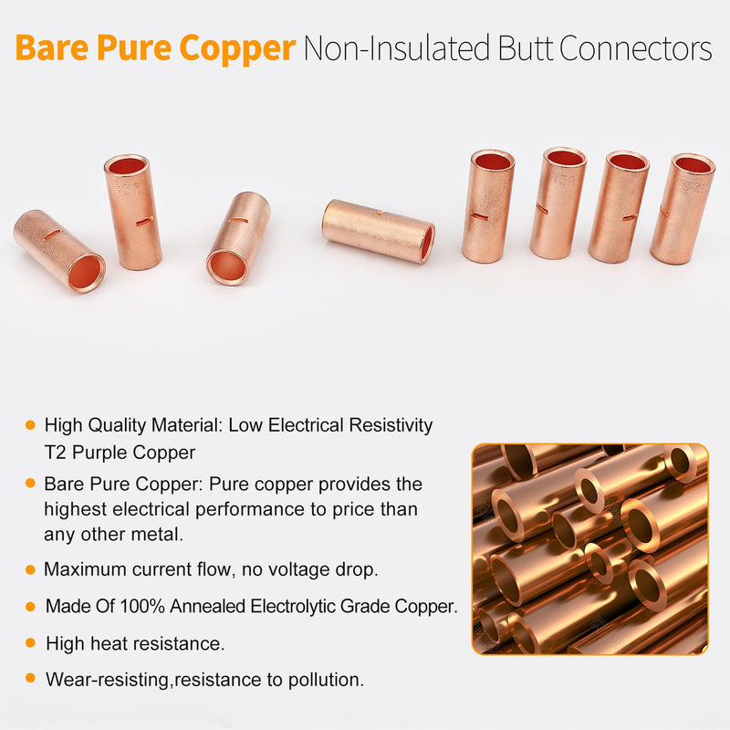 12 to 4 AWG Non-Insulated Butt Connectors 132 PCS Butt Splice Connectors Kit, 4/6/8/12-10 Gauge Bare Pure Copper Butt Splice Wire Connectors,66 PCS Uninsulated Butt Terminals & 66 PCS 3:1 Heat Shrink 4-12 AWG Assortment Kit-132pcs