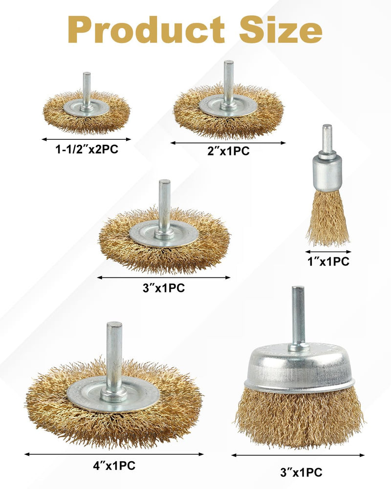 Wire Wheel Cup Brush Set, 7 Pcs Abrasive Brass Coated Wire Wheel Brushes, 1/4" Shank, Carbon Steel Bristles for Cleaning Rust, Paint, Abrasive