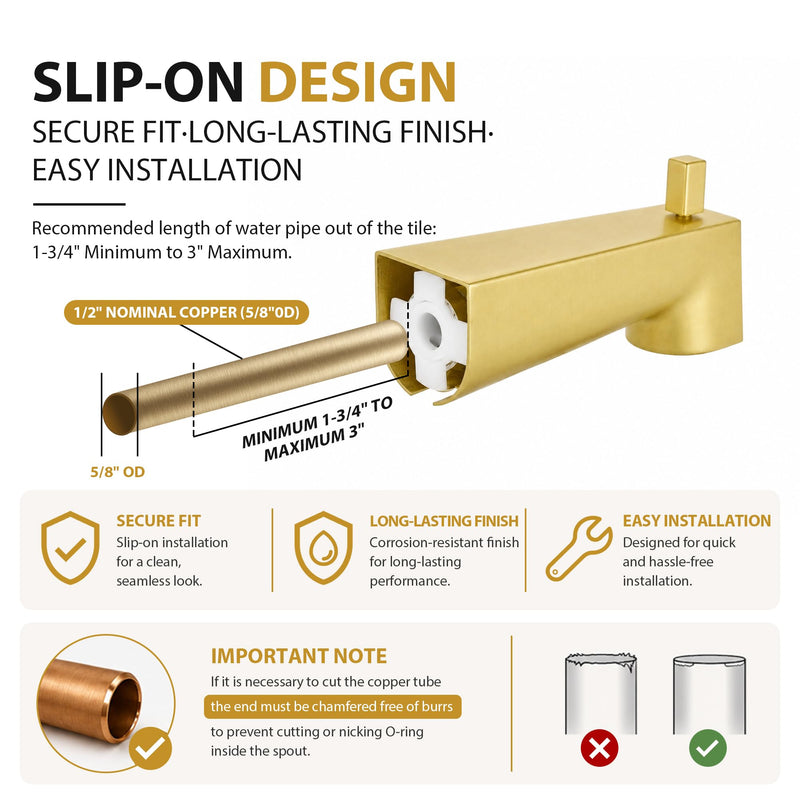 Kedra 7" Diverter Tub Spout, Slip-On Gold Tub Spout with Diverter Brushed Gold