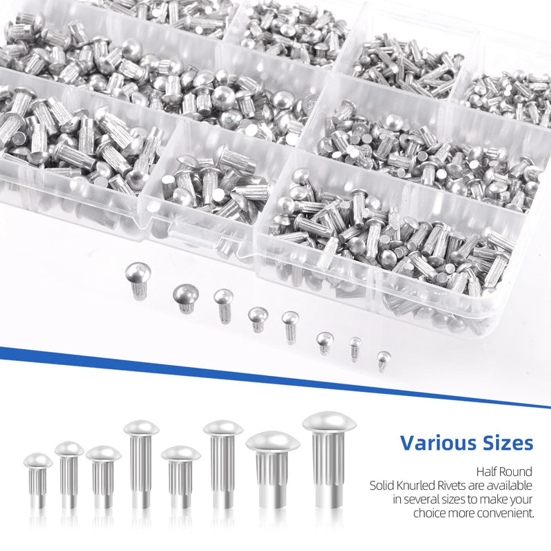 Glarks 800Pcs Solid Rivets Knurled Shanks Set, M2 M2.5 M3 M4 Semi-Round Head Aluminium Solid Rivets Assortment Kit for Home Outdoor Hardware Tool Use