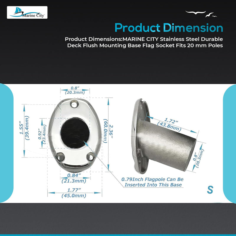 MARINE CITY Deck Flush Base Flag Socket, 316 Stainless Steel, Fits Stanchion Poles, Ideal for Boats, Yachts, Marines, Hardware Accessories (Pack of 1) Small