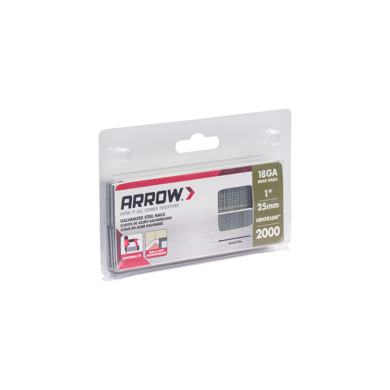 Arrow BN1816WCS 18-Gauge Steel Brad Nails for Molding, Cabinets, Framing, Trim, and Finishing, Safe to Use with Electric or Battery Powered Nailers, 1-Inch, 2000 Pack