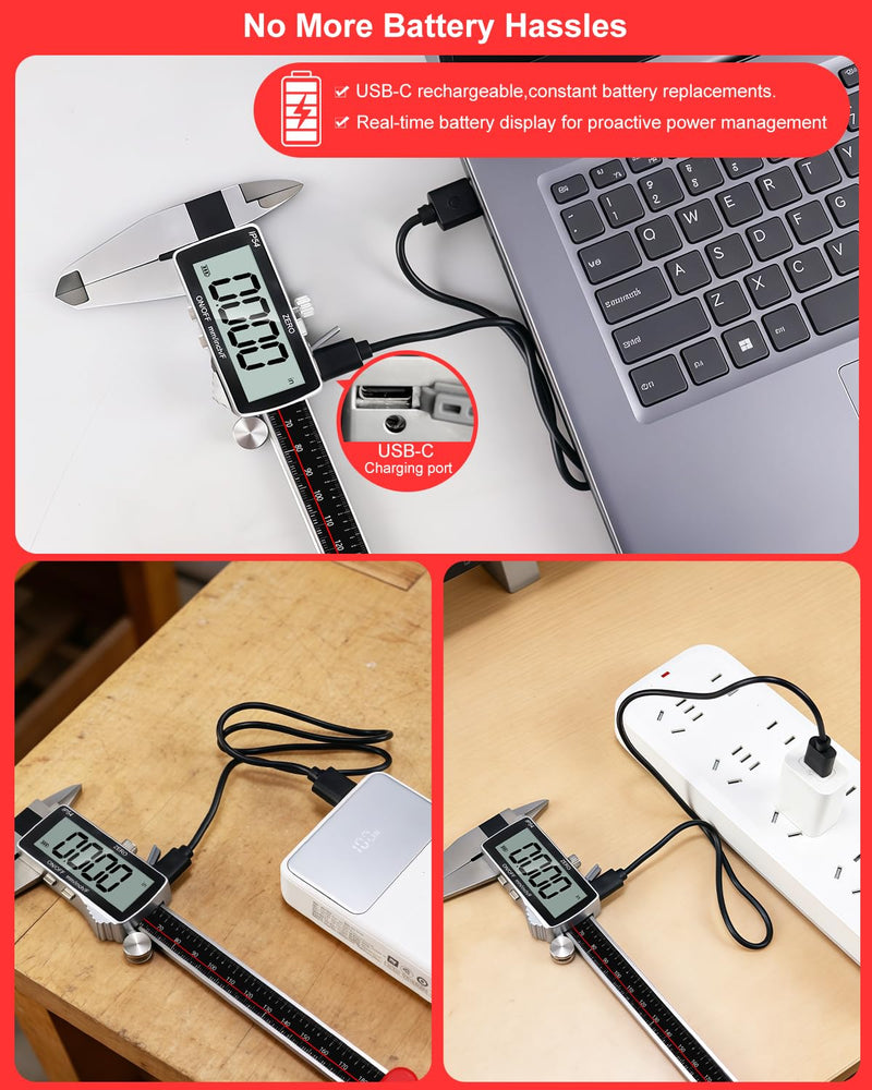 GODESON 8" Digital Caliper, 0.001" Precision Rechargeable Vernier Caliper - USB-C, IP54 Protection，Full Stainless Steel, Inch/MM/Fraction, Large LCD Measuring Tool for Machining, DIY & 3D Printing