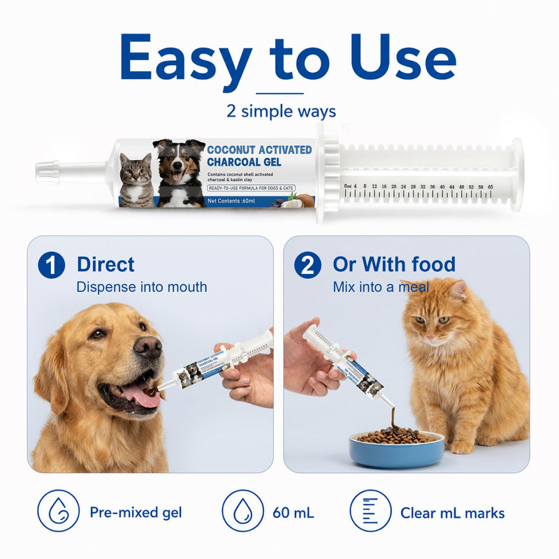 Activated Charcoal for Dogs & Cats, 60mL Pet First Aid for Accidental Toxin Ingestion, Toxin Absorber for Pet Emergency, Supports Healthy Digestive Function, Ready-to-Use Oral Gel 60cc