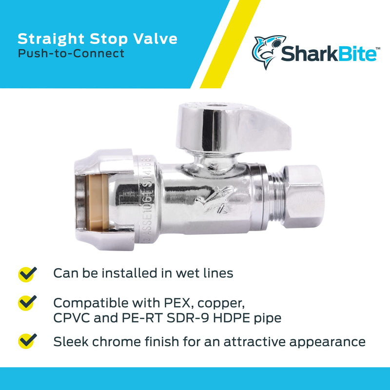 SharkBite 1/2 x 3/8 Inch Compression Straight Stop Valve, Quarter Turn, Push to Connect Brass Plumbing Fitting, PEX Pipe, Copper, CPVC, PE-RT, HDPE, 23037-0000LF 1/2 in. x 3/8 in.