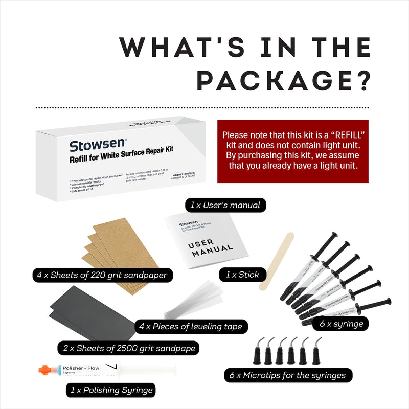 Refill for White Surface Repair Kit - Fix Chips & Defects in Minutes | Restore Tiles Bathroom Fixtures and Countertops with Ease | for Porcelain Fiberglass Corian Acrylic Ceramic Enameled and More White, Clear, Black, Acrylic