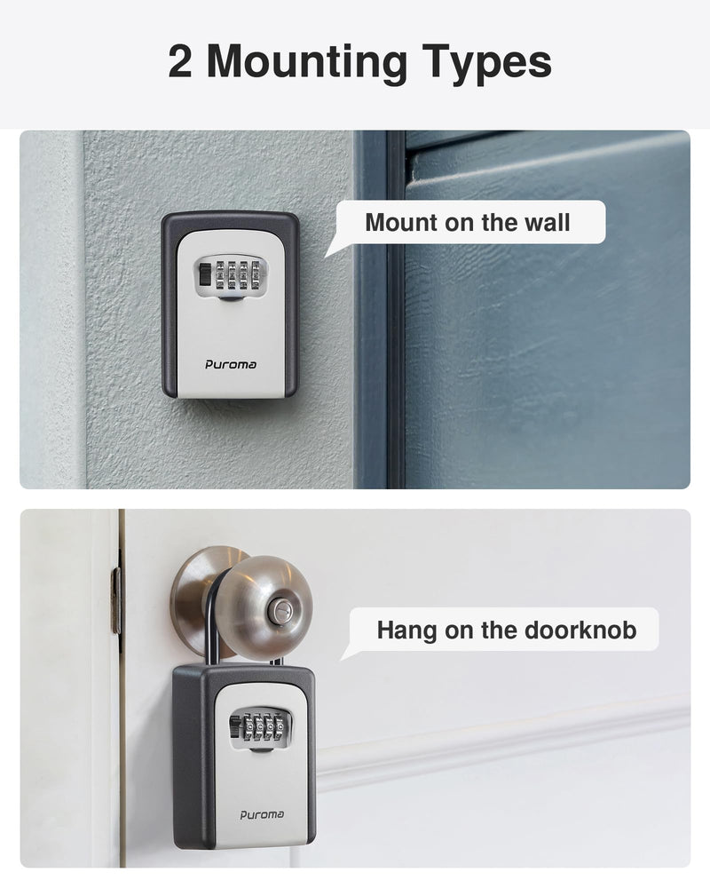 Puroma Lock Box, Large Key Lock Box Resettable Combination Code Lockbox, Portable Wall Mount Lockbox Security Safe Box for Outside Outdoor Home Office Door Handle House Key, Gray (1 Pack) 1 Grey