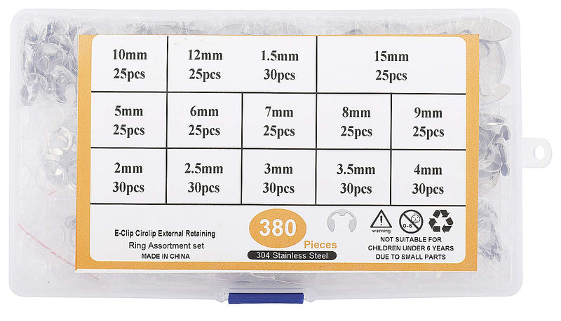 Toolly 380Pcs 304 Stainless Steel E-Clip Circlip External Retaining Ring Assortment Set, 14 Sizes