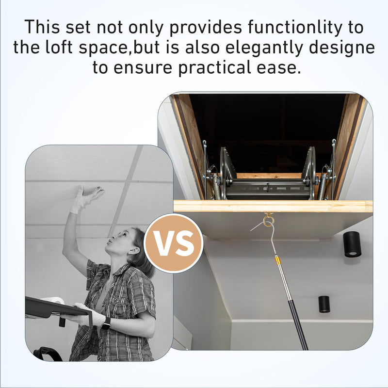 Attic Ladder Pull System Kit - Attic Pull Down System Hook Set Replacement for Cord Ropes with 60 Inch Extension Pole and Copper Storage Hook Handle Parts Tool