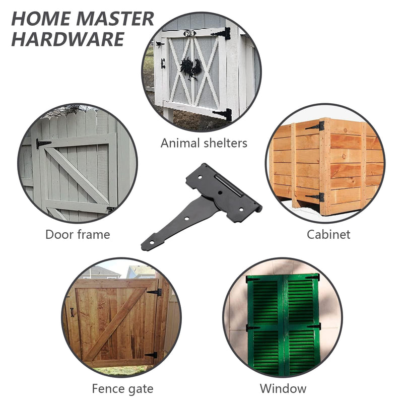 HOME MASTER HARDWARE 4 in Decorative T Strap Hinge Shed Storage Gate Strap Hinge Barns Door Tee Hinges with Screws Black 10 Pack 4" - 10pack