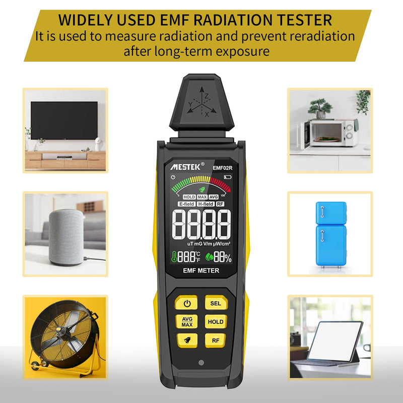 EMF Detector, MESTEK 5 in 1 EMF Meter Radiation Detector, Electric Field, Radio Frequency Field Temperature, Magnetic Field Strength Meter, Rechargeable EMF Reader Home EMF Detection and Ghost Hunting EMF02R-Yellow