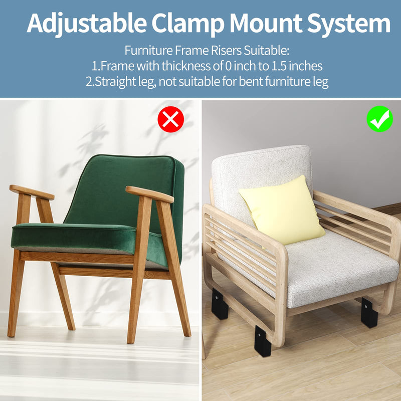 Bed Risers with Adjustable Screw Clamp, Fits Furniture Frame from 0 to 1.5 Inch, Furniture Risers 2 Inch Heavy Duty Risers for Square Round Straight Furniture Legs Support up to 5000Ibs (4Pack, Black) 2'', Fits Furniture Frame Below 1.5"