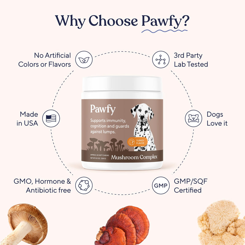 Pawfy Turkey Tail Mushroom Chews for Dogs with Lion’s Mane, Reishi & Adaptogen Blend | Mushroom Complex Dog Supplement | Supports Immune, Brain, Lumps and Bumps & Daily Wellness | 30 Soft Chews