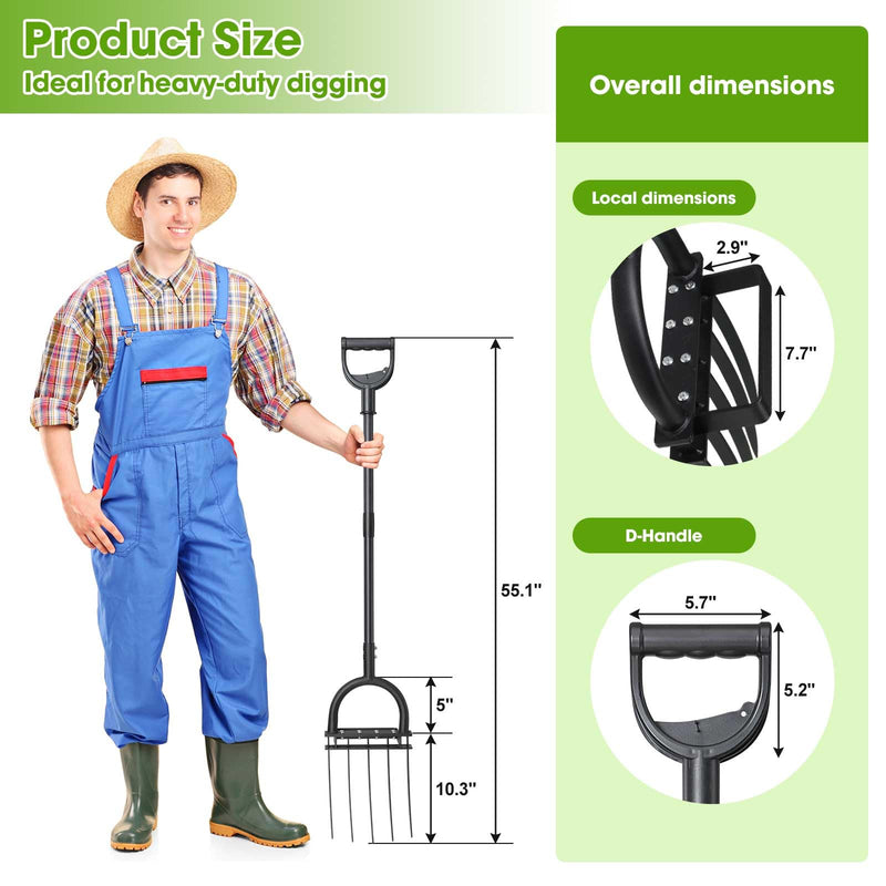 Broadfork Garden Tool, 55IN Pitch Fork for Gardening 5-Tine Heavy Duty Garden Fork with Ergonomic D-Grip Handle for Digging Loosening Soil Cultivating Weeding Composting 55 IN Large