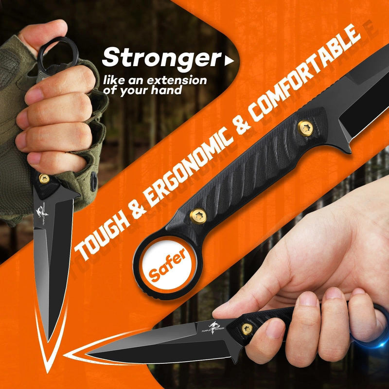 Purple Dragon Fixed Blade Knife - 440C Survival Knife with G10 Handle for Bushcraft - Full Tang Camping Knives with Horizontal Carry Sheath for Hunting Hiking - Gift Idea for Fathers' Day - Black