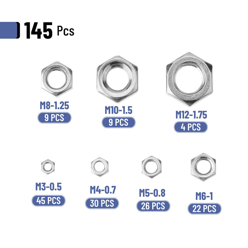 Mr. Pen- Metric Hex Nuts Assortment Kit, 145 pcs, Stainless Steel, Metric Nut Assortment 7 Sizes (M3 M4 M5 M6 M8 M10 M12), Hardware Nuts, Metric Nuts, Machine Nuts, M6 Nut, M3 Nuts, M8 Nut, M4 Nuts
