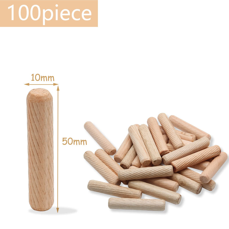 BokWin 100 Pack Wooden Dowel Pins 10mm x 50mm (Approx 3/8" x 2") Wood Fluted Dowels Rods Kiln Dried Fluted and Beveled, Hardwood Crafts Dowel Pegs 10mm x 50mm - 100PCS