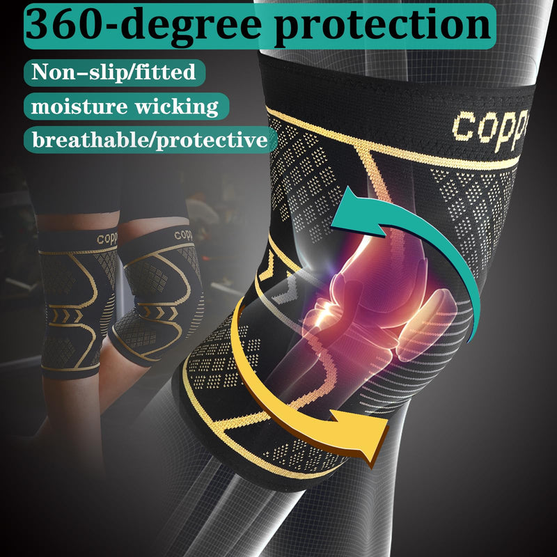 Copper Knee Braces for Women and Men 2 Pack, Knee Compression Sleeve for Knee Pain, Arthritis,ACL, Meniscus Tear, Joint Pain Relief, Knee Support for Running, Working Out, Fitness, Weightlifting-M Black+copper Medium