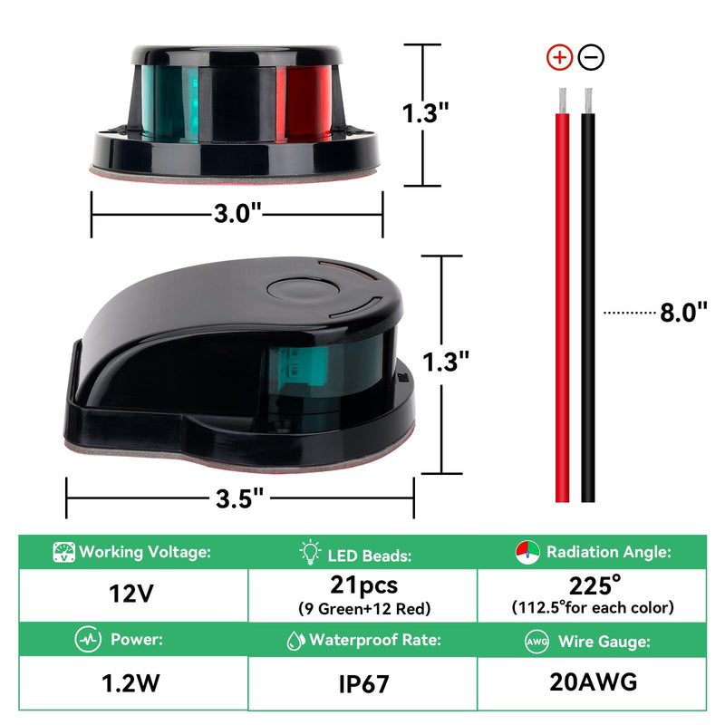 Boat Navigation Light,12V Boat Bow Light, IP67 Waterproof Red and Green Marine LED Bow Lights, Marine Nav Lights for Bow and Stern, for Pontoon, Fishing Boats, Yacht, Skiff