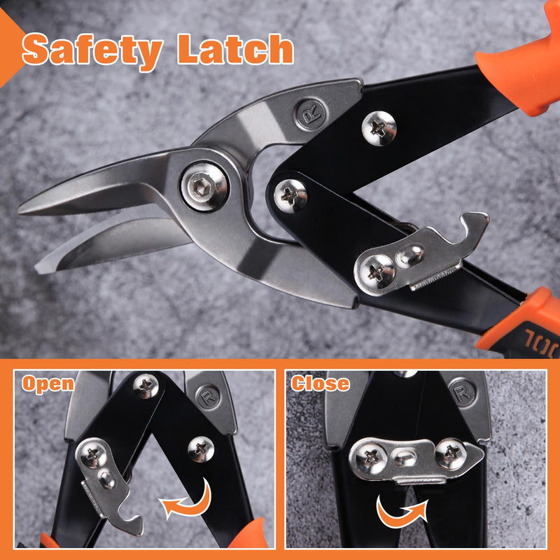 10" Tin Snips for Cutting Metal Sheet Right Cut Aviation Snips with Safety Latch and Non-slip Handle, Heavy Duty Metal Shears Metal Cutters Metal Cutting Tool Metal Snips, Cr-Mo Steel Blade