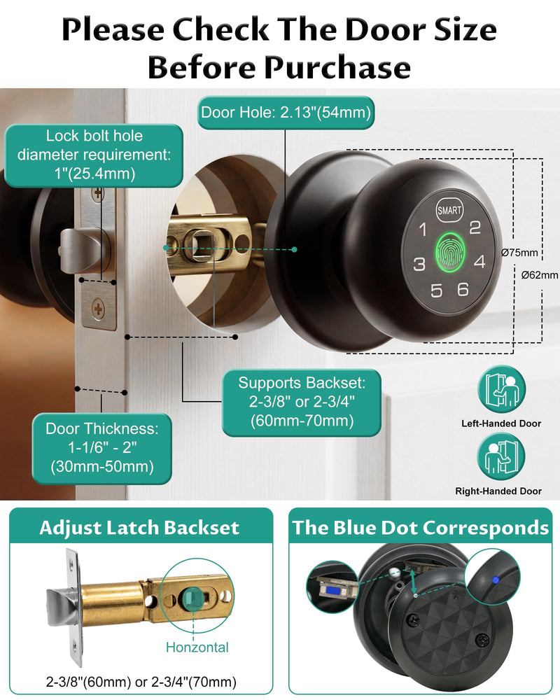 Smart Door Knob Fingerprint Door Lock with Keypad, Biometric Door Knob with APP, Keyless Entry Door Lock with Handle for Home Office Apartment Hotel Garage (Black)