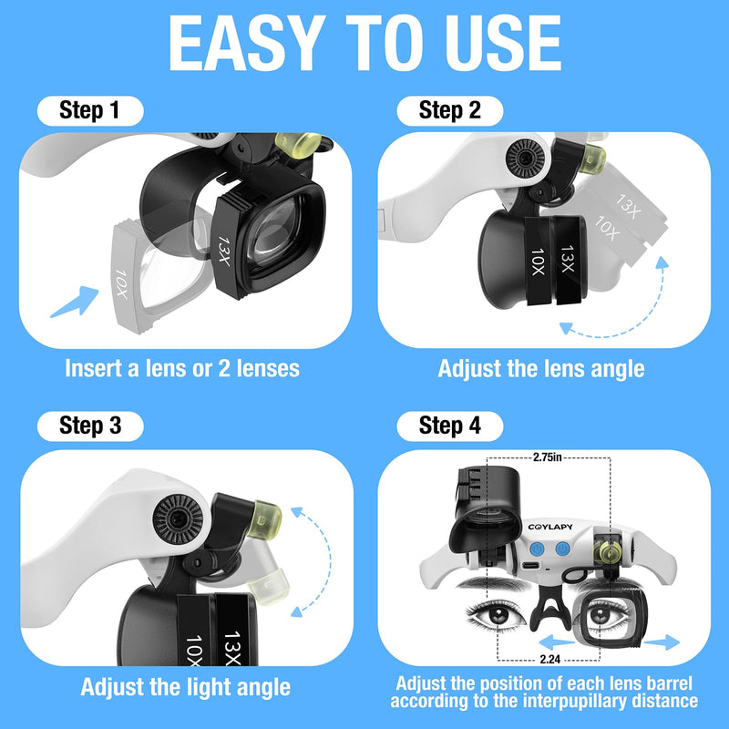 Magnifying Glasses for Close Work, Jewelers Magnifying Glass with Light & 5 Interchangeable Lens Pairs(2X 4X 6X 10x 13x), Headband Loupe Magnifier for Watch Repair,Crafts, w/Storage Case White