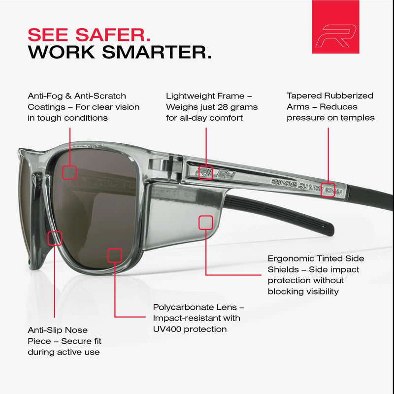 Riley Navigator X Safety Glasses – Anti-Fog, Scratch/Impact Resistant & Polarized Lenses, Lightweight Full-Frame for Work, Outdoors, & Active Lifestyles, Gray