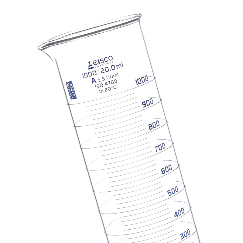 Eisco Labs - Measuring Cylinder, 1000mL - Class A - Squat Form, ISO 4788 Certified, Graduated Glass Cylinder for Lab Use, Precise Liquid Measurement, Scientific Glassware for Chemistry & Research Labs
