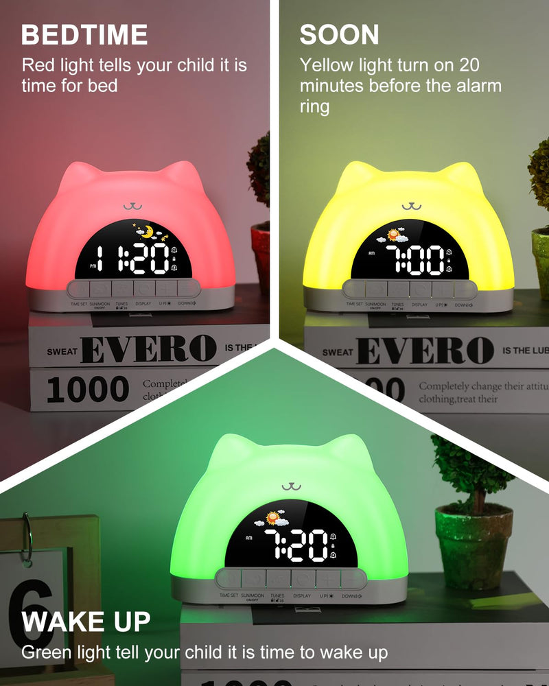 Kids Alarm Clock, Wake Up Clock with 11 Colors Night Light, Toddlers Sleep Training Clocks with 10 Ringtones, Brightness Adjustment, Dual Alarms Plug in OK to Wake Clocks for Girls Boys Contemporary