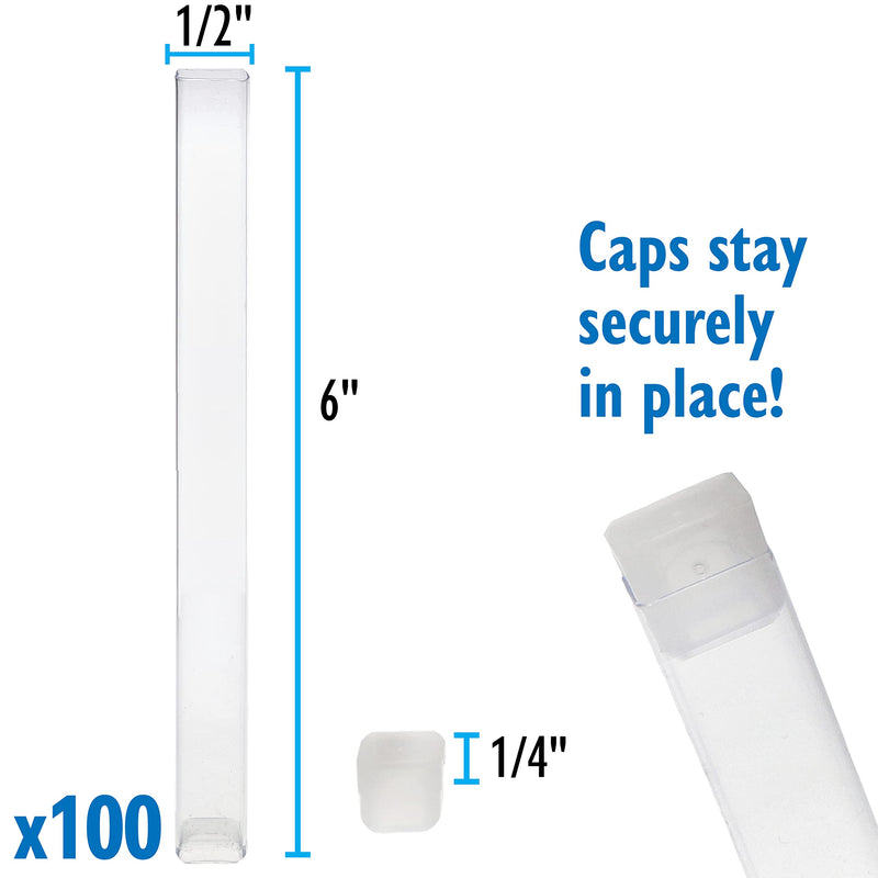 The Beadsmith Clear Plastic Tubes - 6 x .5 Inch Square Tubes - Flat Caps - Use for Beads, Bath Salts, Wedding & Party Favors, Home or Office Storage - Bag of 100 6" x .5" Square