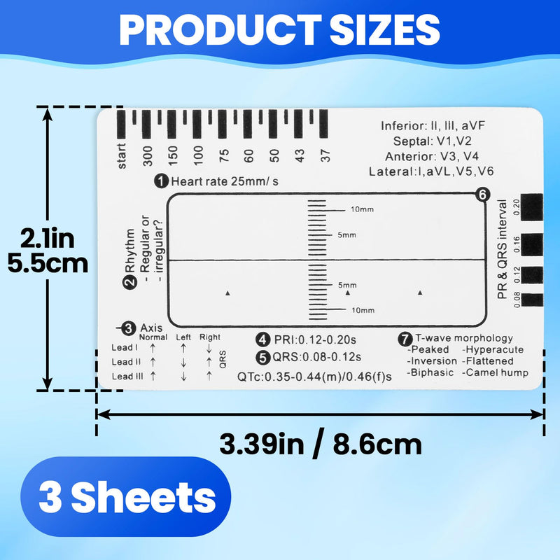 3pcs ECG 7 Step Ruler, Transparent EKG Calipers Ruler, Electrocardiogram Card Portable Plastic Measuring Tool for EKG Interpretation