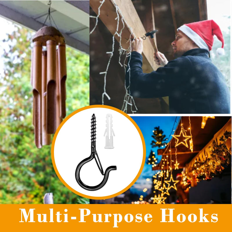 25 PCS Q Hanger Hooks with Safety Buckle, Windproof Screw Hooks for Hanging Outdoor String Lights, Christmas Lights,Cups, Decors,2.3 Inches, Black 25pcs