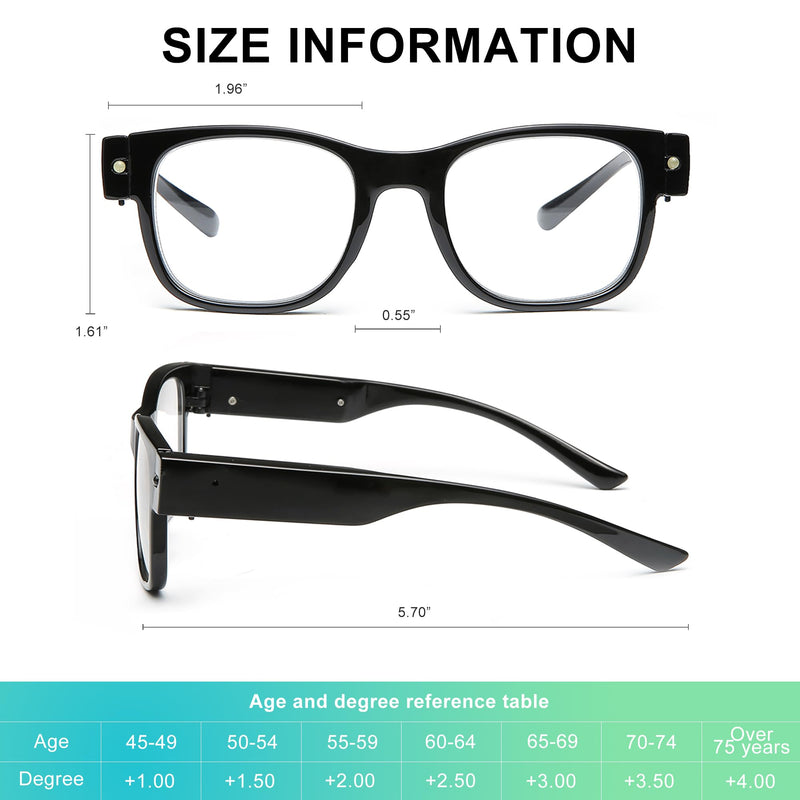 SKYWAY Reading Glasses Lighted Rechargeable Bright LED Readers with Lights Eyewear Clear Vision Unisex Square-black 2.0 x