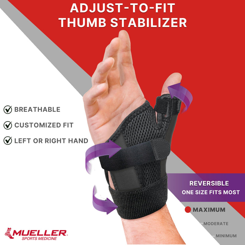 MUELLER Sports Medicine Adjust-to-Fit Thumb Stabilizer, Spica Splint, Thumb Pain Relief Brace for Men and Women, Ideal for De Quervain's Tenosynovitis, Arthritis, Sprains, Fits Right or Left Black 1 Count (Pack of 1)