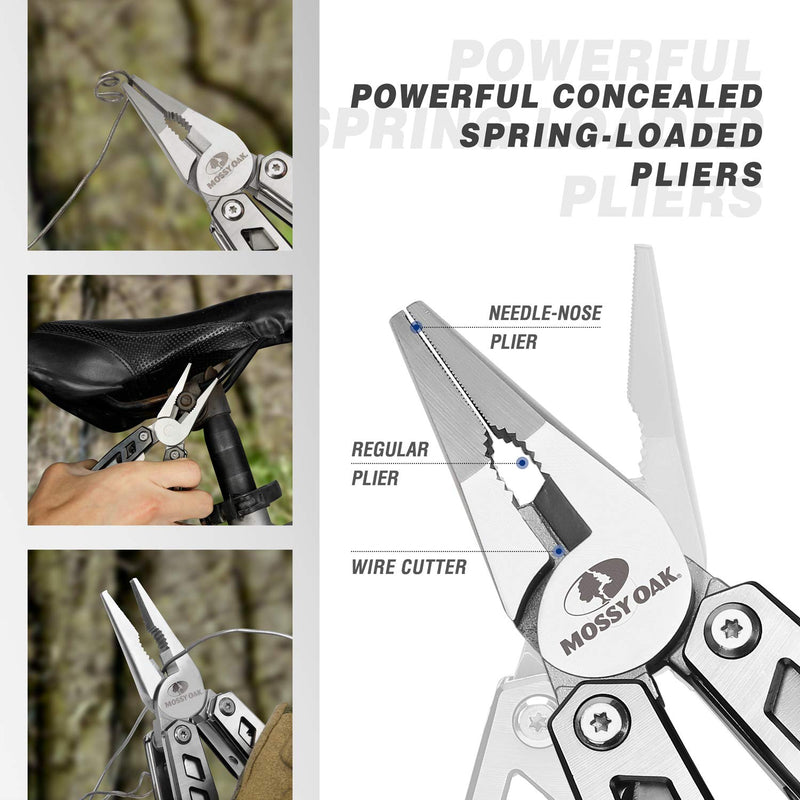 MOSSY OAK Multitool, 21-in-1 Stainless Steel Pocket Knife with Screwdriver Sleeve, Self-locking Pliers with Sheath-Perfect for Outdoor, Survival, Camping, Hiking, Simple Repair Silver