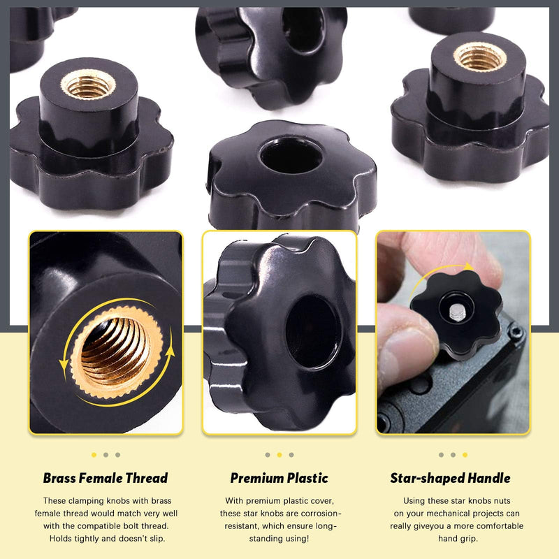 15Pcs M10 Star Knob Clamping Handle Nut Through Hole Set Brass Female Threaded Handle Screw On Knob Grip Black Plastic M10 x 15pcs