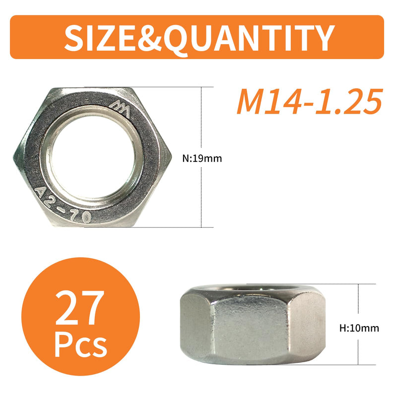 M14-1.25 Hex Nuts (27pcs), 304 Stainless Steel (18-8), Hardware, Metric, Fine Thread, DIN 934 M14-1.25