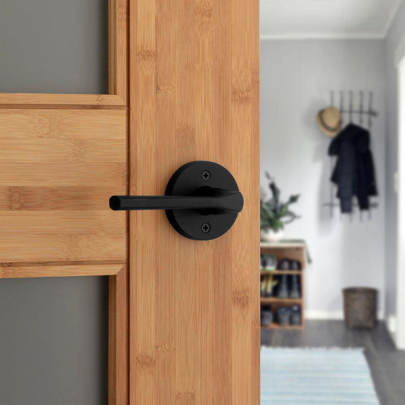 Kwikset Lisbon Interior Passage Door Handle, Round Lever for Closet and Hallway Doors, Reversible Non-Locking Handle Lever, Matte Black, with Microban Protection