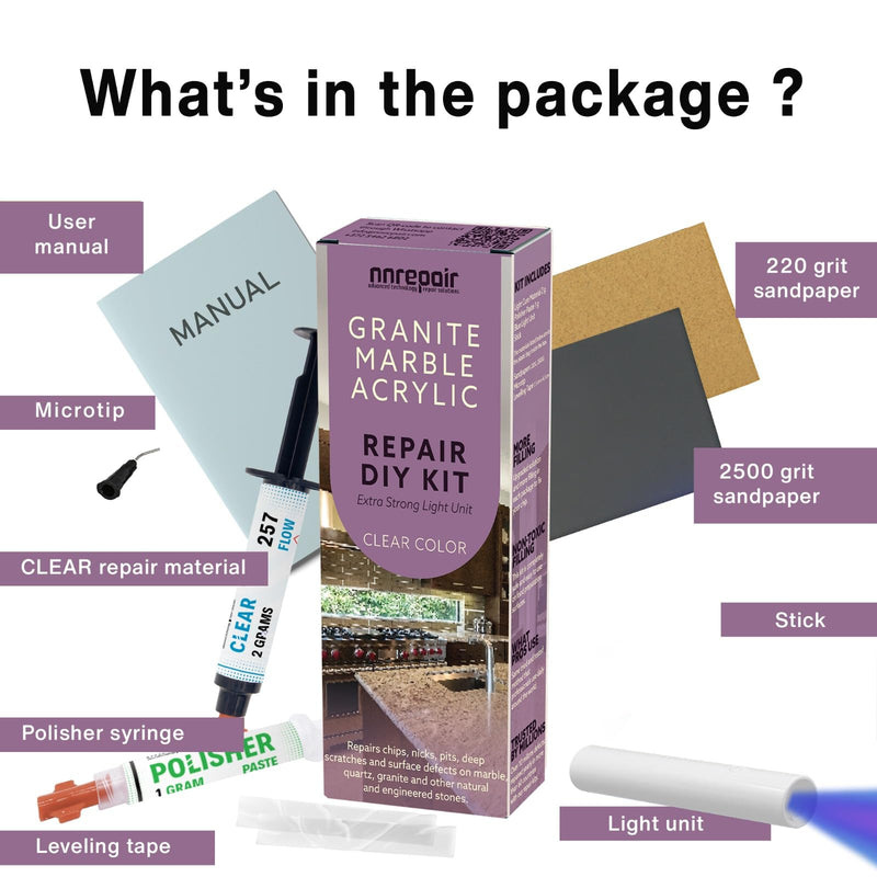 Quartz Countertop Repair Kit DIY (Clear Color + Polisher) - Made by Engineers I Also for Granite, Acrylic, Fiberglass, Porcelain, Tile & Ceramic Surfaces I Easy Process & Quick Result