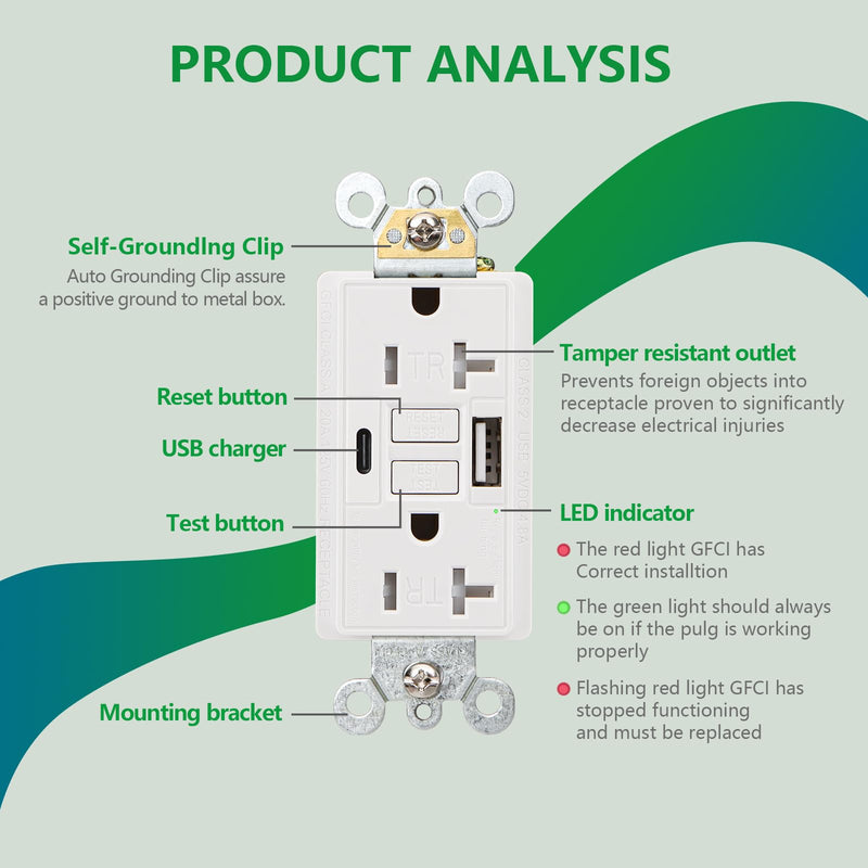 GFCI Outlet with USB in-Wall,20A Self-Test with LED Indicator Tamper Resistant DC5V 4.8A Charger Outlet with USB Type A & TypeC,White 20A_USBA&C