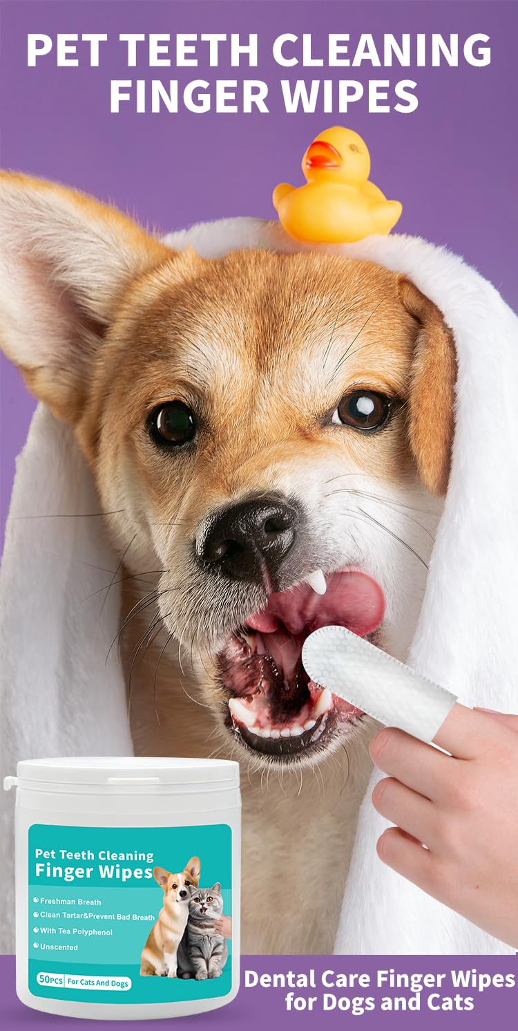 Pet Teeth Cleaning Finger Wipes, Dog Cat Dental Wipes, Unscented, with Tea Polyphenol,No-Rinse Dog Finger Toothbrush, Clean Tartar & Prevent Bad Breath, 50pcs