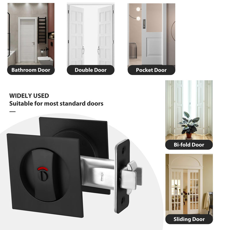 Malimali Pocket Door Lock, Matte Black Pocket Door Hardware Square Door Lock with Red-Green Indicators for Privacy Sliding Door Bifold Door Locks and Pulls Handles Privacy (Indicator) -Square