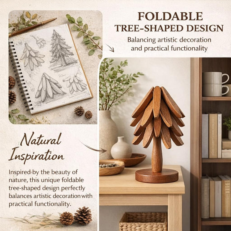 Wooden Trivets for Hot Dishes, Foldable Tree Trivet Set with Stand, 4-Layer Walnut Wood Trivet for Pots, Pans, Coffee & Teapot, Space Saving Table Protector for RV, Decorative Kitchen Decor & Gift Natural Wood