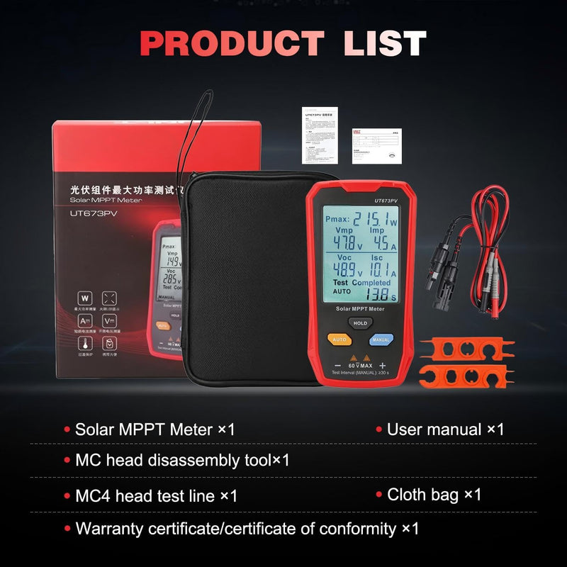 Angchun Solar Panel Tester Meter Photovoltaic Multimeter 800W, Solar MPPT Meter with Large Ultra Clear LCD, Smart MPPT Open Circuit Voltage Troubleshooting Utility Tool for PV Testing