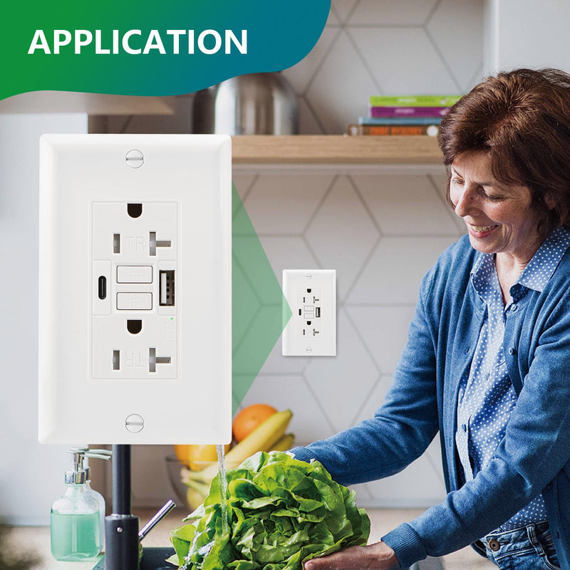 GFCI Outlet with USB in-Wall,20A Self-Test with LED Indicator Tamper Resistant DC5V 4.8A Charger Outlet with USB Type A & TypeC,White 20A_USBA&C
